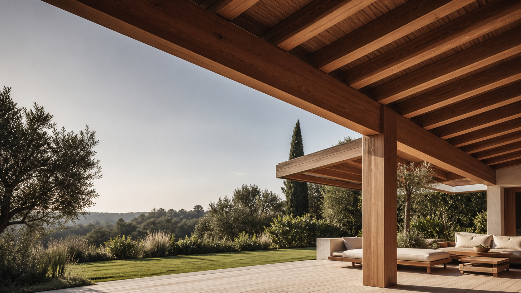 Pergola in legno EKO con linee pulite e finiture premium